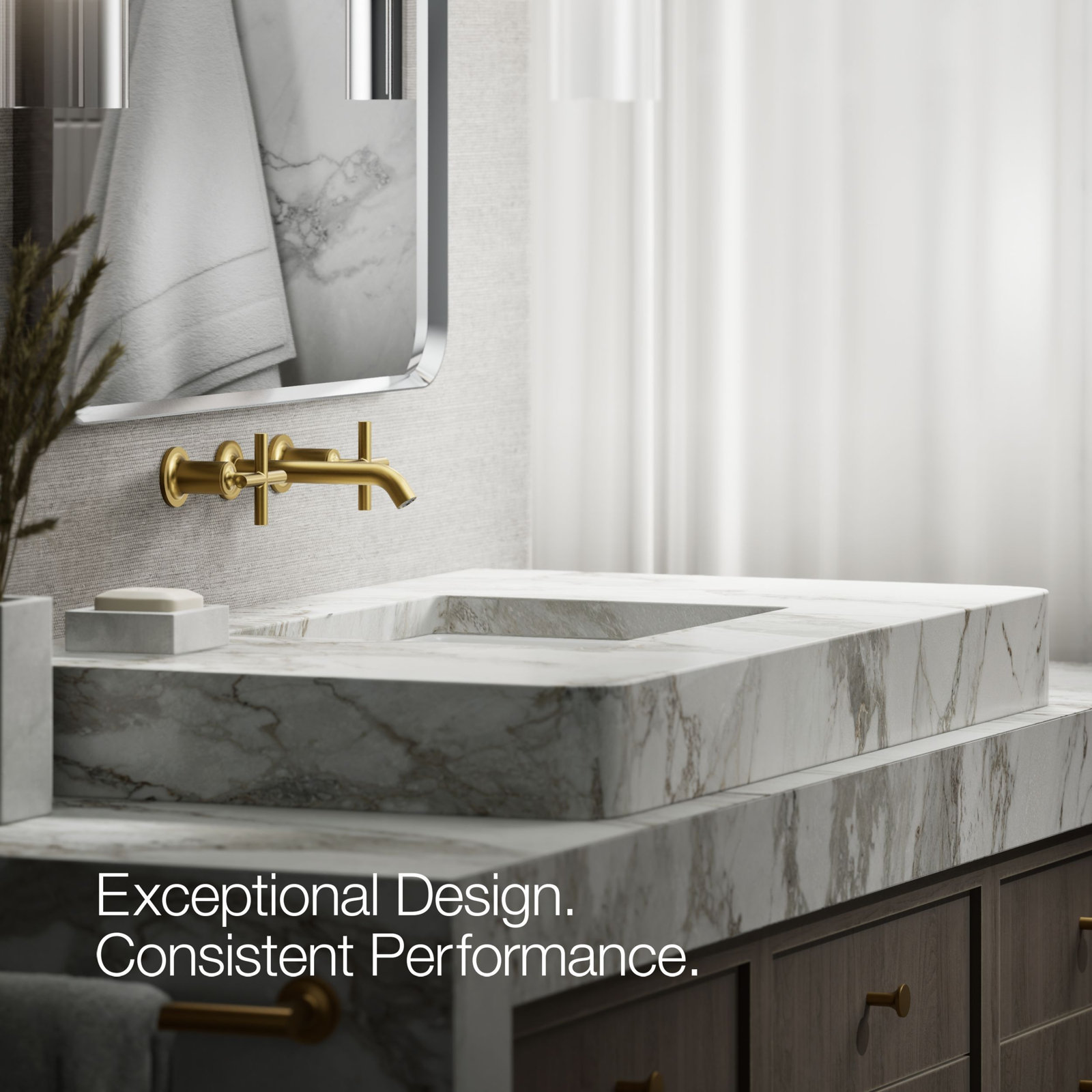 Purist Wall-Mounted Bathroom Faucet, Cross Handle, Vibrant Brushed Moderne Brass