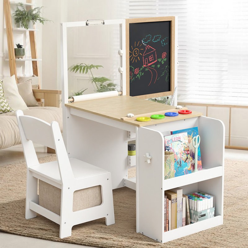 Ensemble de table et de chaises pour enfants 3 en 1 avec chevalet réglable double face, tablettes de rangement, rouleau de papier, tableau noir et tableau blanc pour le dessin, l'artisanat et l'apprentissage