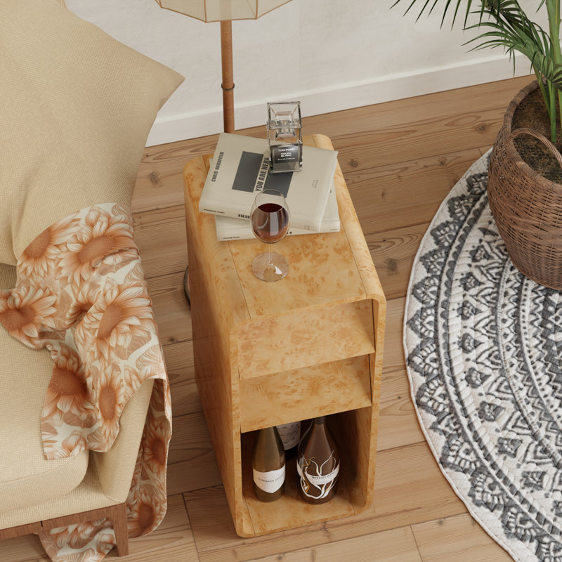 Modern Farmhouse Burl Finish End Table With 2 Drawers And Open Storage Light Wood, Light Yellow Wood