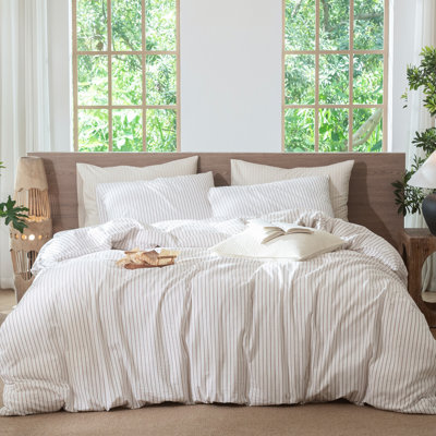 MooMee Striped Duvet Cover Set 100% Washed Cotton Linen Like Textured