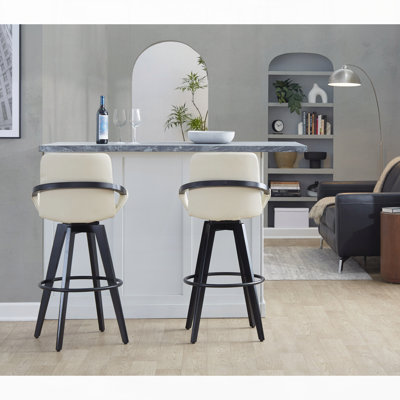 Tabouret de bar à hauteur fixe avec pivot en bois noir et similicuir brun clair avec repose-pieds rond en métal noir, ensemble de 2