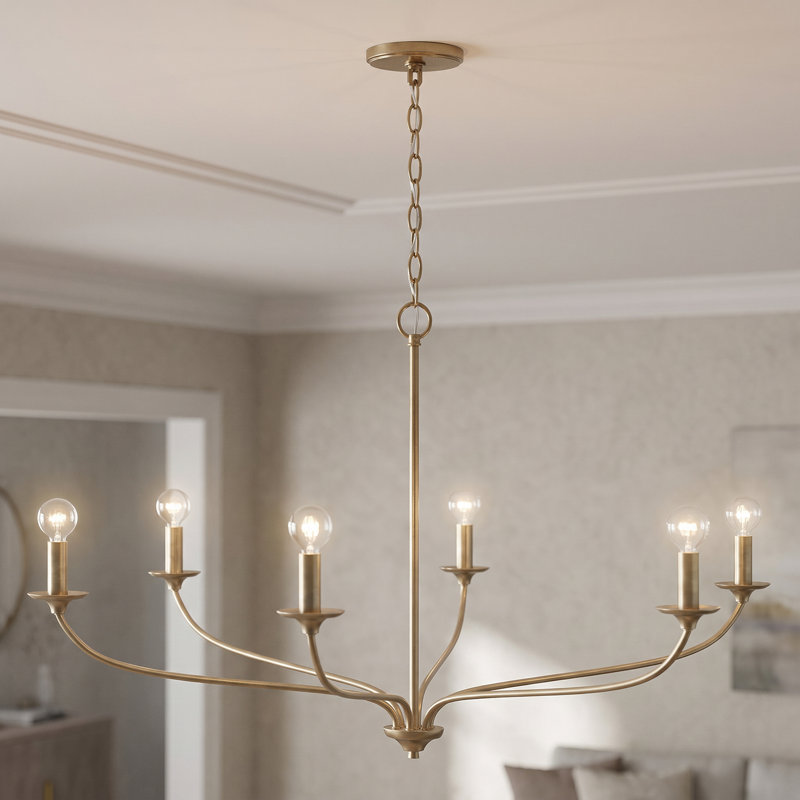 6 - Light Steel Dimmable Chandelier, Matte Brass