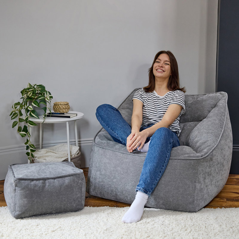 Natalia Armchair Bean Bag and Square Footstool, Grey, Chenille