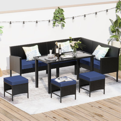 Mobilier de jardin, 7 pièces, coussins de siège imperméables et peu encombrants, patio extérieur bleu foncé en matériau résistant aux intempéries, acier thermolaqué très élastique