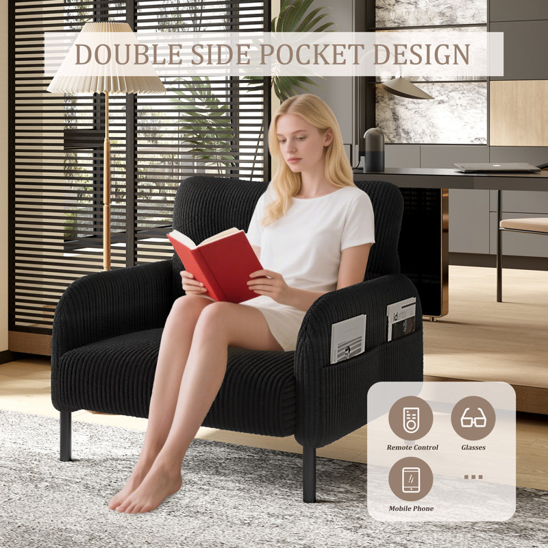 Chaise d'appoint rembourrée en velours côtelé Modern, Noir