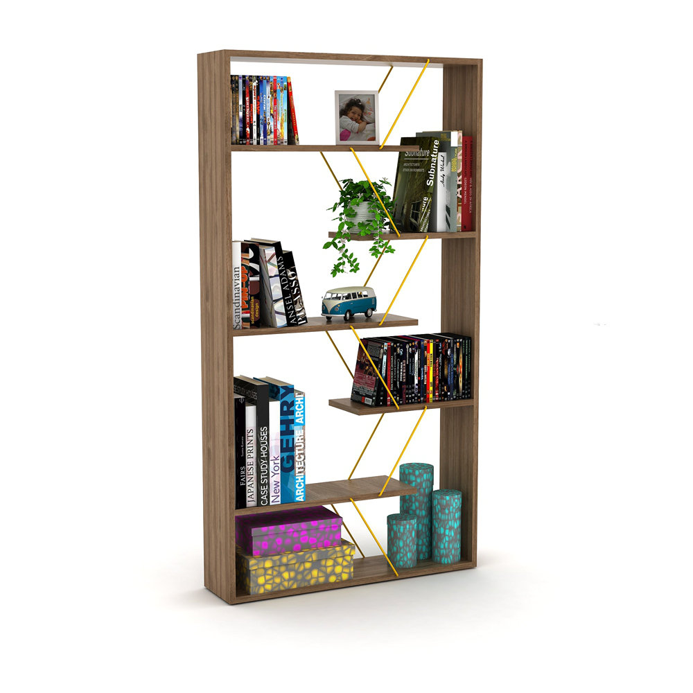 Furnish Home Store Wood Frame Etagere Open Back 6 Shelves Bookcase Industrial Bookshelf for Office and Living Rooms Modern Bookcases Large Bookshelf Organizer, White/Yellow