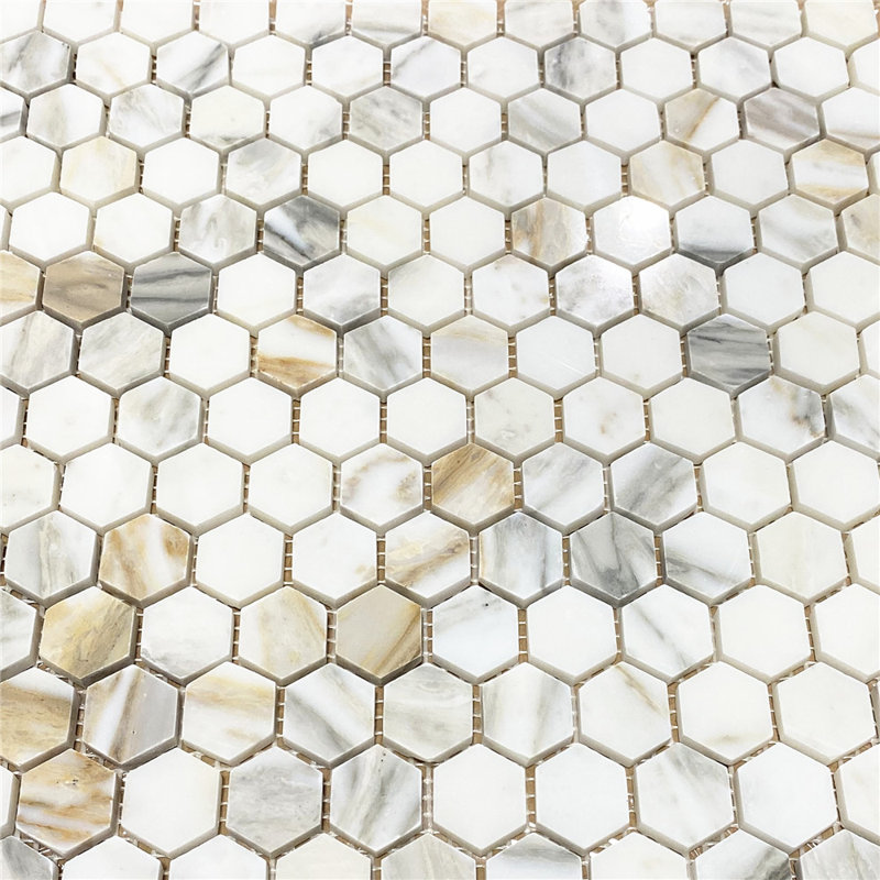 Carreau de mosaïque en marbre 11 po x 11 po Calacatta, Blanc / gris