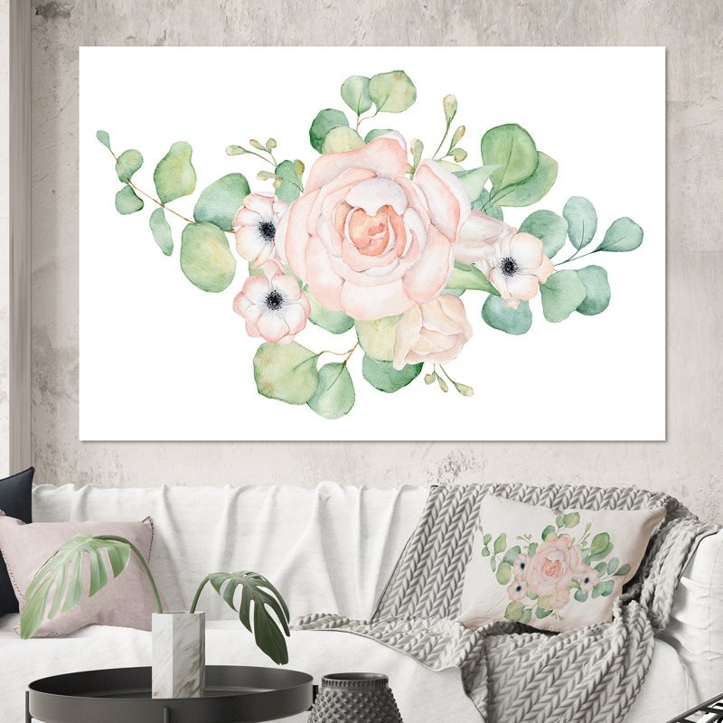 Fleurs et bouquet de feuilles d'eucalyptus II - Peinture sur toile, H 40 po x l 60 po x P 1,5 po, Toile tendue