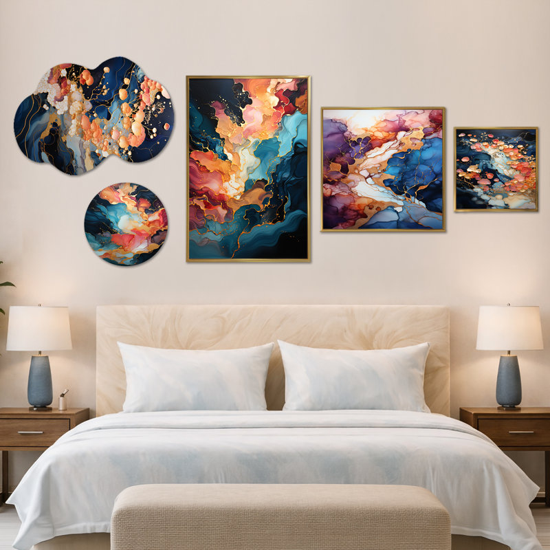«Pink & Blue Swirling Fluid Peinture III», ensemble de 5 toiles encadrées et décorations murales abstraites (100 po x 40 po)