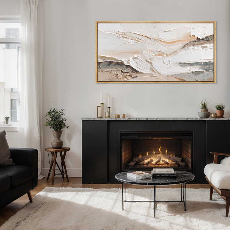 Neutral Cream and White Abstract Wall Art - Large Framed Canvas Master Bedroom Wall Art Print, 30" H x 60" W, Natural
