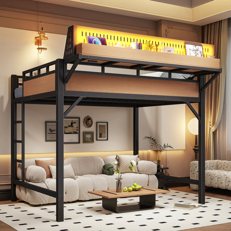 Full size Loft Bed Frame with Storage Shelves and Pegboard, Metal Loft Bed with USB Ports and LED Lights, Safe and Sturdy, Natural