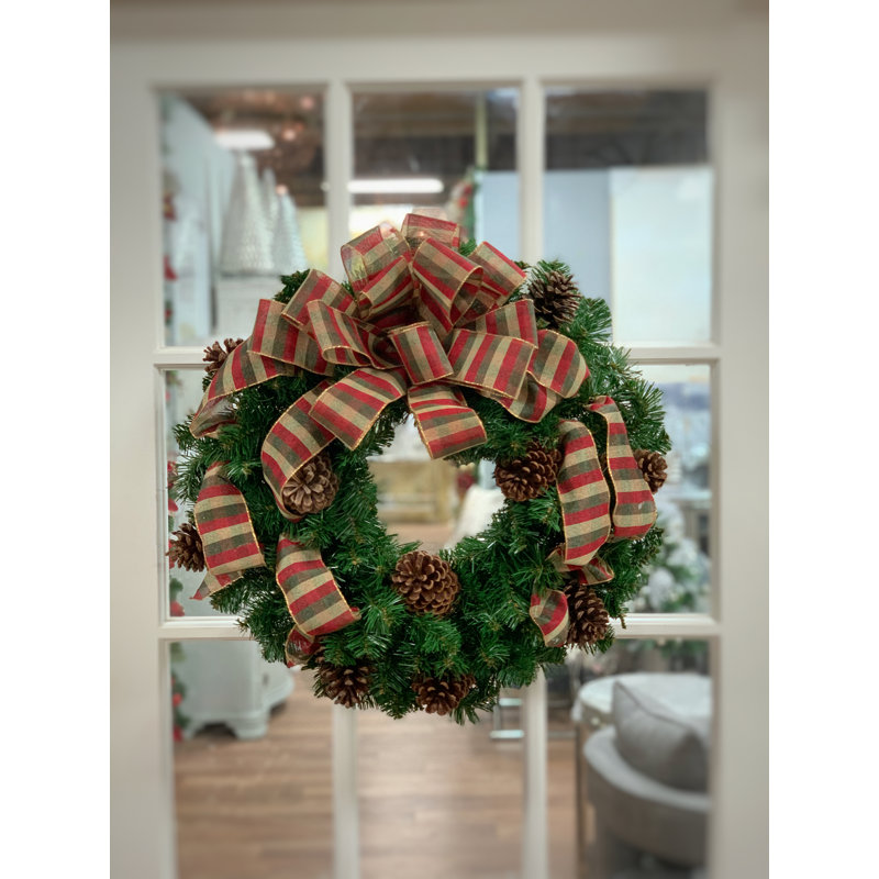 Evergreen Wreath with Pinecones and Plaid Ribbon
