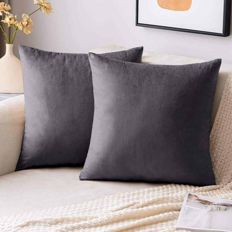 Velvet Scatter Cushion Covers - Soft Plush Decorative Covers Set of 2 for Sofa & Bed, Charcoal