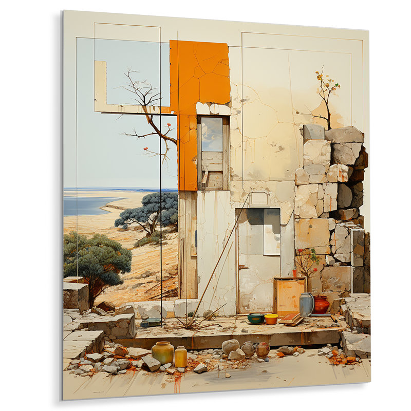 Modernist Ruin By The Seaside - City Buildings, art mural, Métal métal, H 32 po x l 16 po x P 1 po