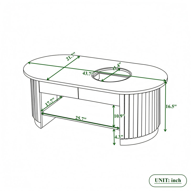 Table basse ovale cannelée de style Mid-Century avec insert en verre, tiroirs et tablette, Brun