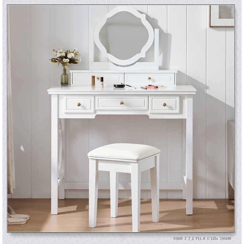 Compact Makeup Vanity Table With Reversible Mirror, Dressing Table Set With Stool, Space-Saving Beauty Station For Small Places