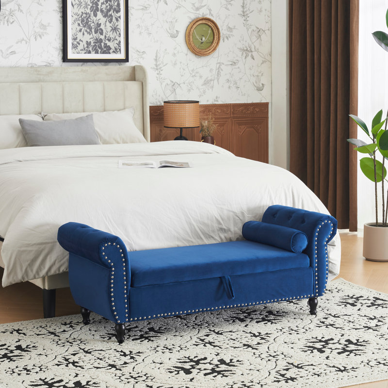 Repose-pieds rectangulaire en velours avec rangement multifonctionnel, Bleu marine antique