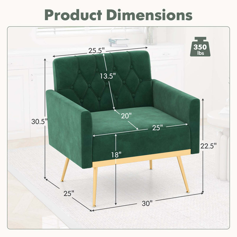 Chaise d'appoint moderne en velours avec dossier capitonné et pieds en métal doré , Velours vert