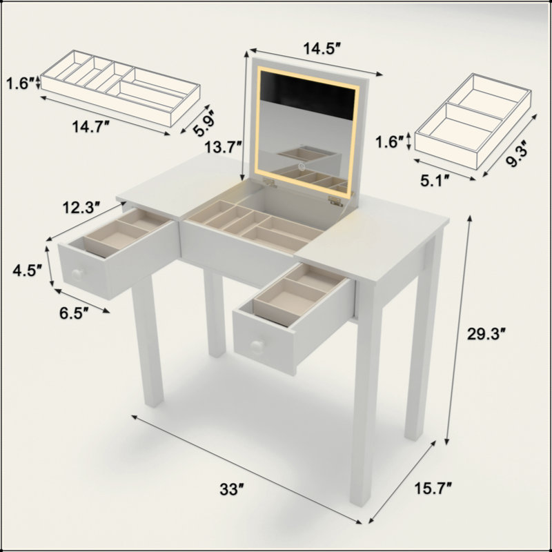 Table de coiffeuse avec lumières DEL, miroir rabattable et 2 tiroirs, rangement pour bijoux pour femmes