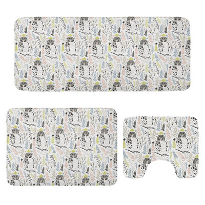  Forest Bathroom Rug Set 3 Pieces U-Shape & Rectangle Mats Rose Lime Green Grey