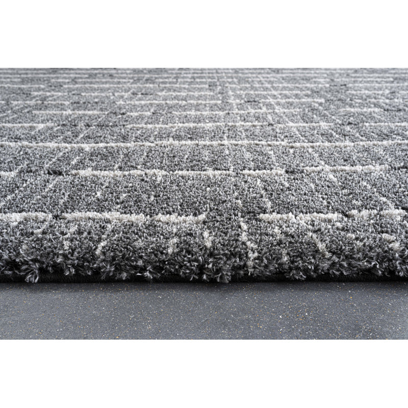 Tapis géométrique noir / blanc en polypropylène tissé à la machine, Rectangle 9 pi 2 po x 12 pi