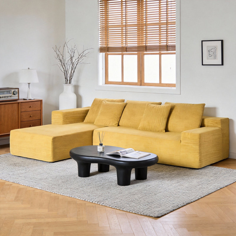 L-Shaped Corduroy Sofa With Chaise – Yellow Frameless Floor Couch, 102.36" X 66.93", Includes Pillows – Ideal For Living Room