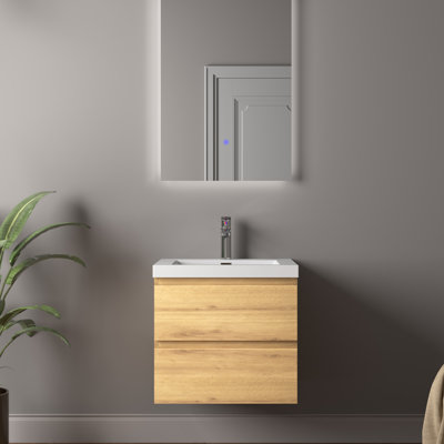 Meuble-lavabo mural simple 24 po avec plateau en pierre blanc brillant et 2 tiroirs A.Oak Modern