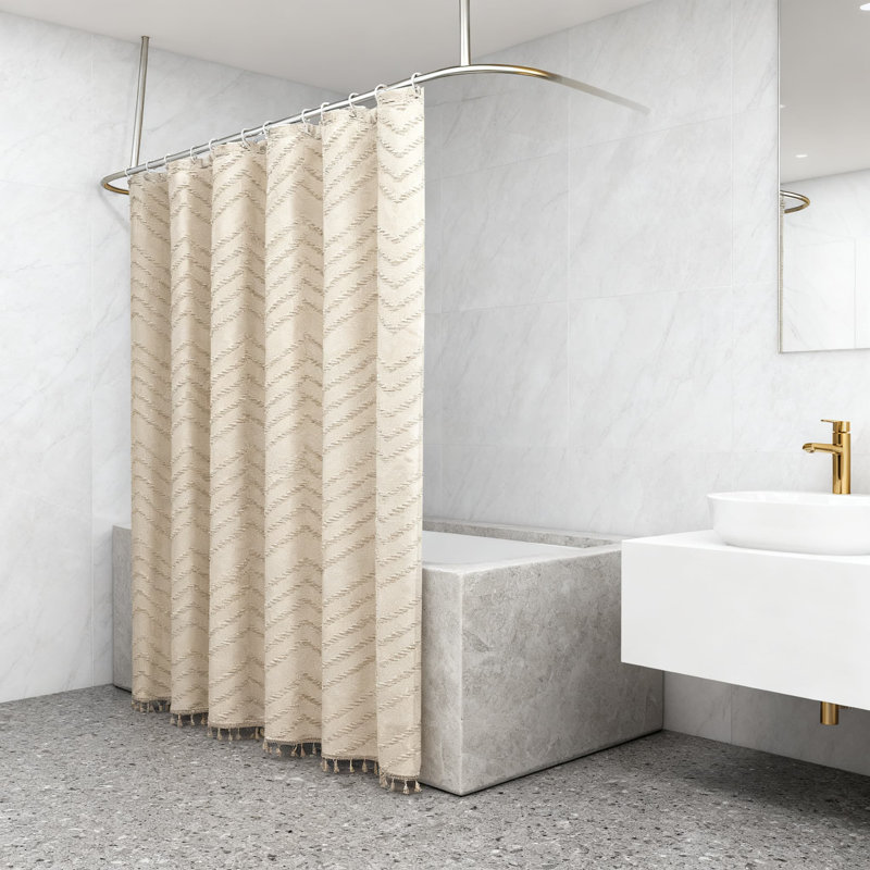 Tissu de rideau de douche en tissu texturé à motif de chevron texturé et imperméable avec pompons, Beige