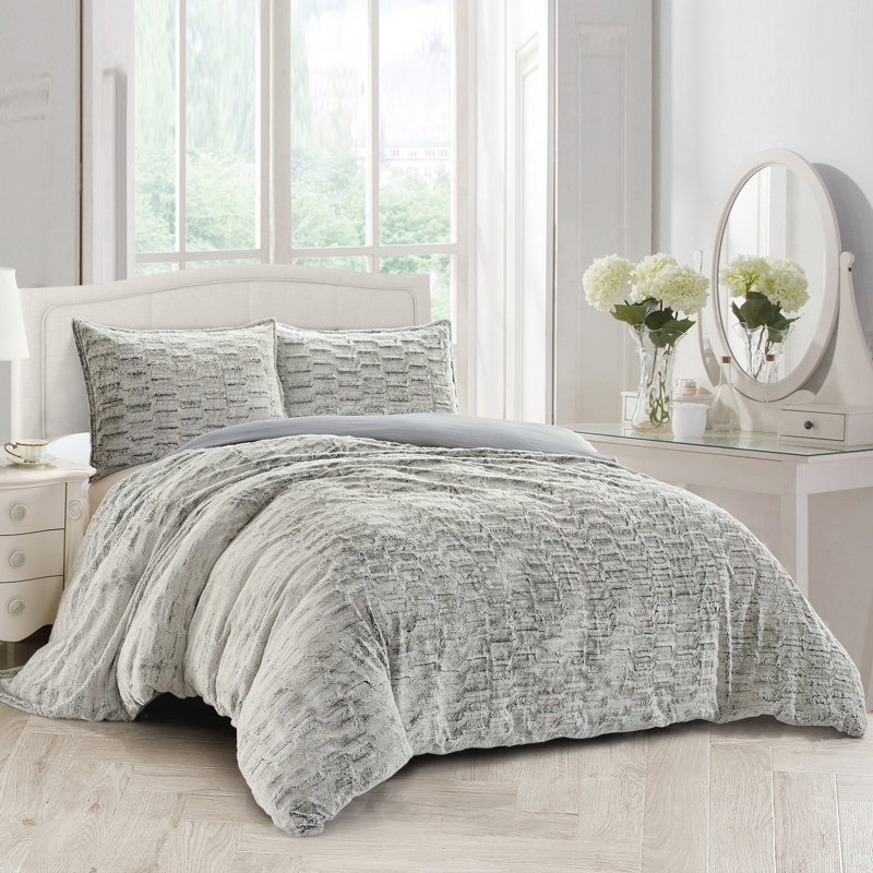 3 Piece Faux Fur Duvet Cover Set, King Duvet Cover + 2 King Shams, Beige/Light Gray