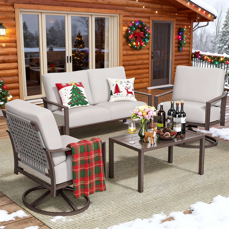 4 Pieces Metal Outdoor Conversation Set With 2 Hand-woven Rope Swivel Rocking Chairs, Gray Cushion/Gray Frame