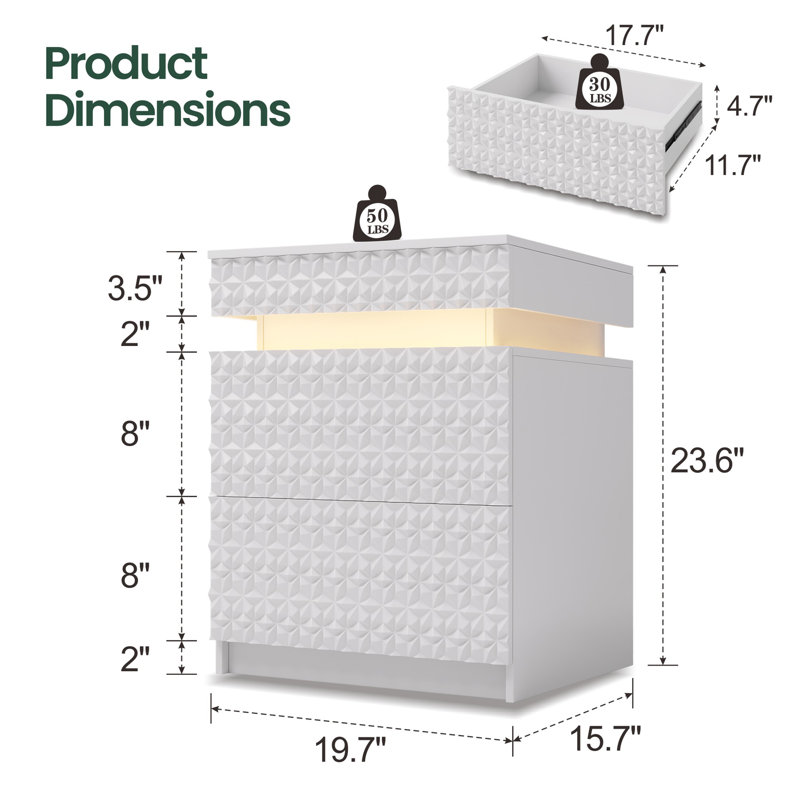 2-Drawer Nightstand With Light, White