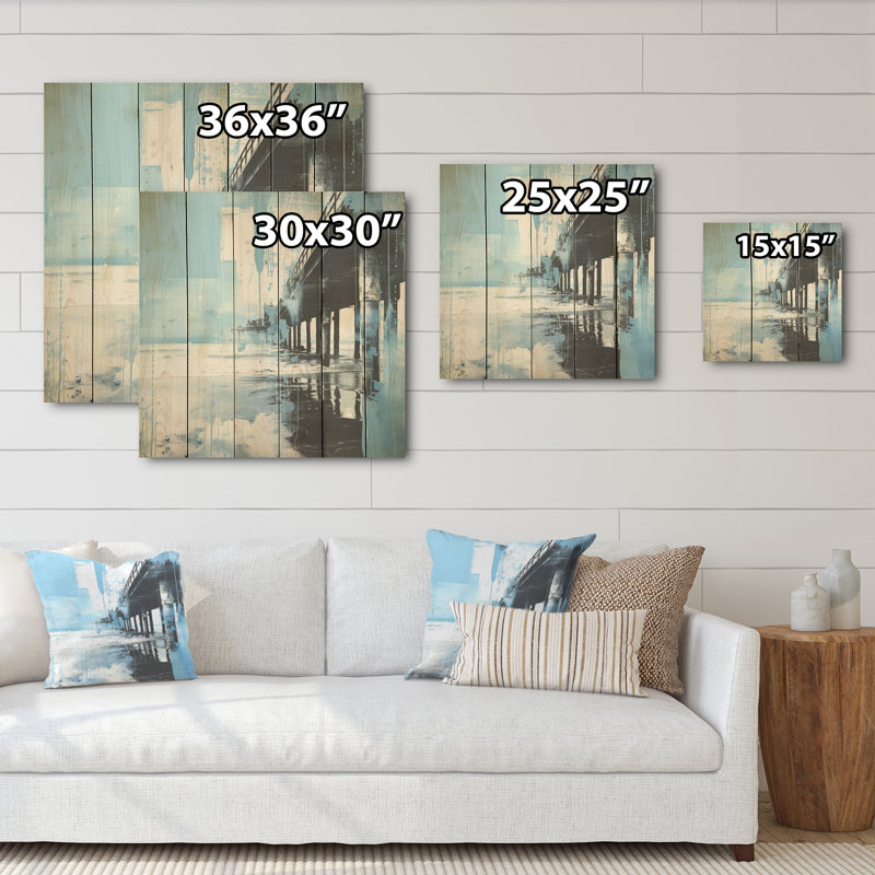 Minimalisme bleu sarcelle et jetée blanche paysage I - art mural en bois côtier sur bois de pin naturel, H 36 po x l 36 po