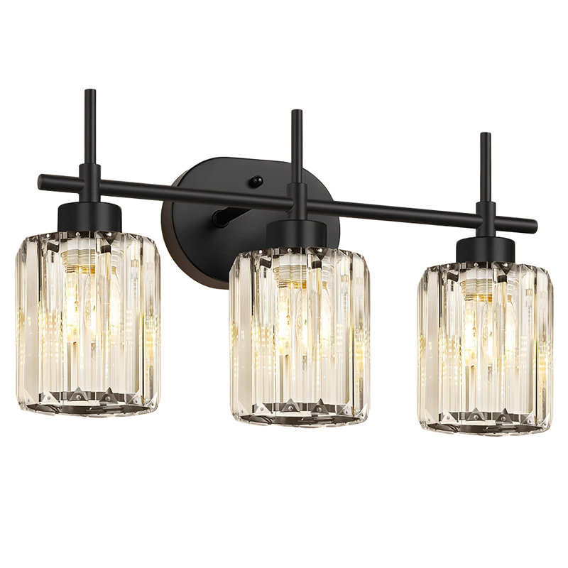 3-Light Modern Crystal Bathroom Vanity Light, Clear Glass Shade Over Mirror Wall Lighting Fixture, Matte Black