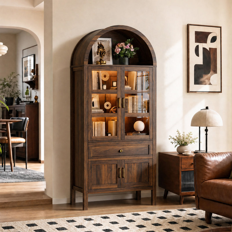Bibliothèque de 71 po de haut avec armoire de rangement arquée en bois et tablettes réglables avec lumières DEL, Noyer