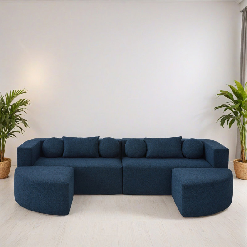 115"W 4-Piece Upholstered Sectional, Blue Boucle