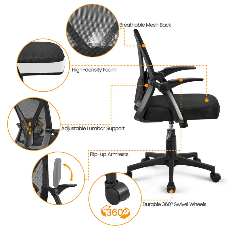 Mesh Desk Chair with Flip-up Armrest, Black, Black