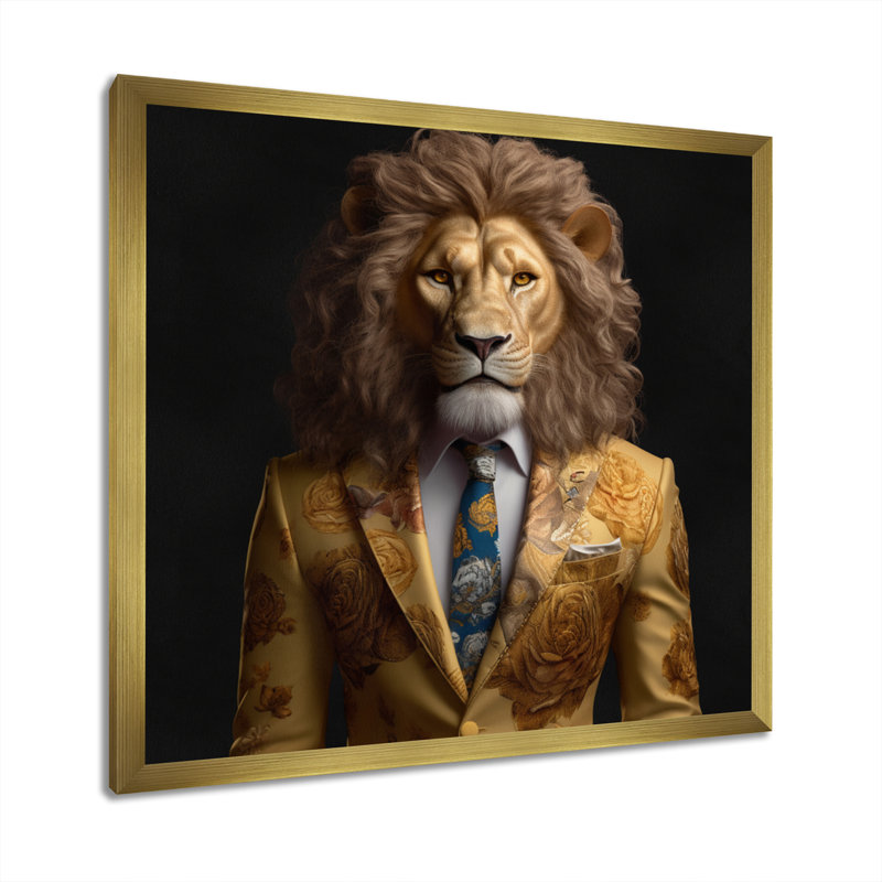 Lion jaune en costume - art mural mode lion, H 16 po x l 16 po x P 1 po, Encadrement doré