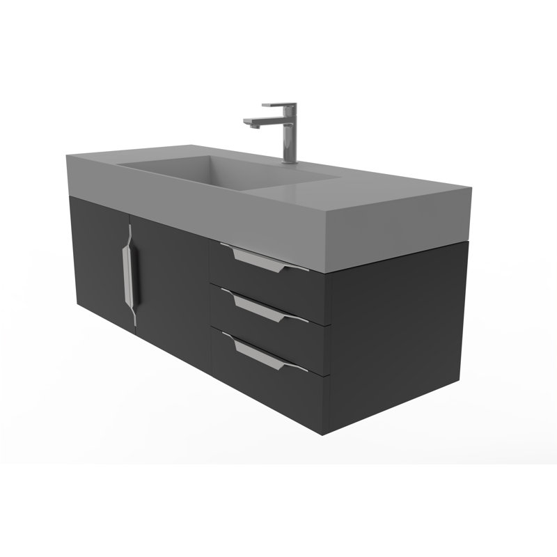 Meuble-lavabo mural simple 48 po avec comptoir à surface solide 48 po, gris, Blanc, Nickel brossé