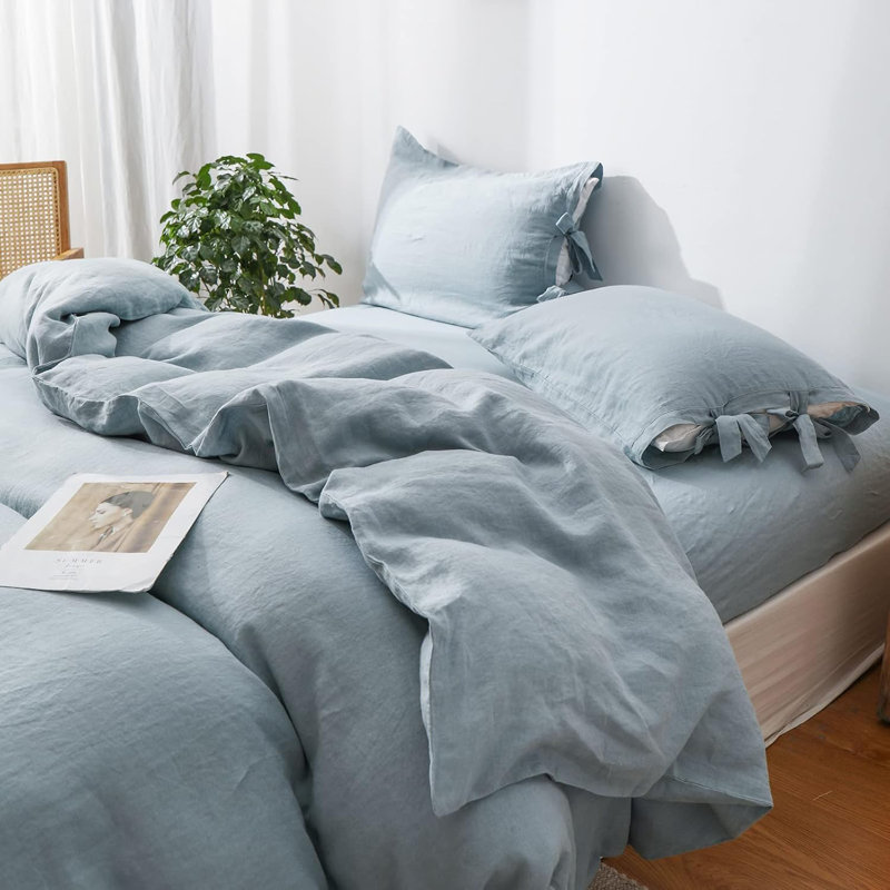 100% Linen Duvet Cover Set, 3 Pieces Belgian Flax Breathable Bedding,  (1 Comforter Cover+2 Pillowshams) With Tie Closure Style