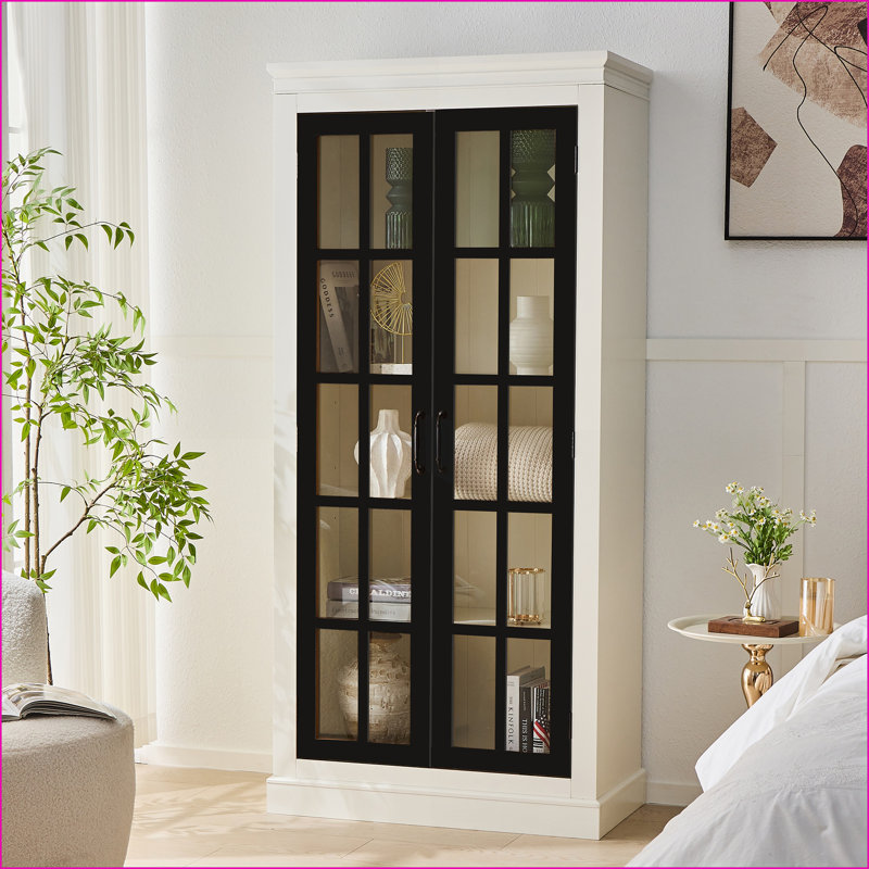 Cabinets, vitrine de ferme 71,2 po avec portes en verre, blanc et amp; Noir | Panneau de fibres à densité moyenne et amp; Bambou