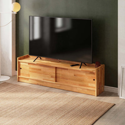 Meuble télé bas en bois massif avec portes coulissantes Clark - Solution de rangement moderne