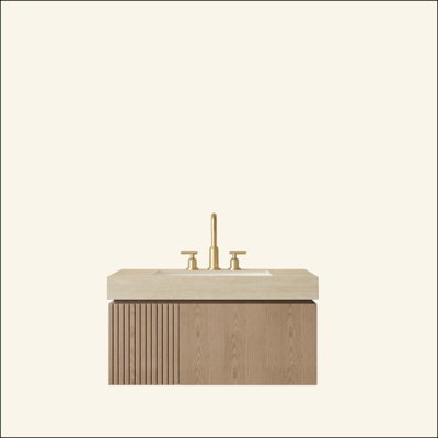 Meuble-lavabo de salle de bain, meuble de rangement flottant en contreplaqué avec tiroir et porte, comptoir en pierre frittée Roma Travertine et lavabo en céramique avec 3 trous de robinet pré-percés, pré-assemblé