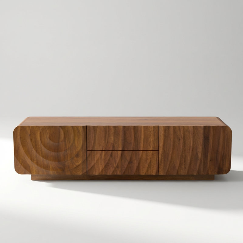 Console de télévision de style Mid-Century moderne avec conception unique en spirale ondulée, armoires de rangement et deux tiroirs