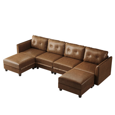 Modular Sectional Sofa With Storage, Modern Brown Faux Leather, Reversible Chaise, U Shaped Couch For Living Room, Waterproof & Easy Clean, Seats With 2 Ottomans