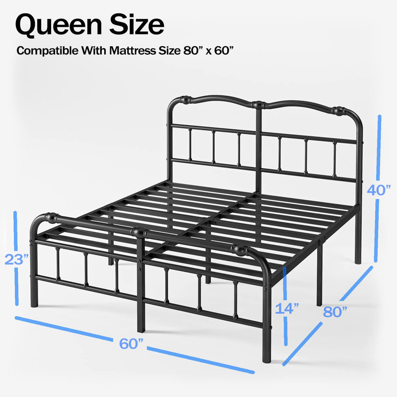 Queen Black Metal Platform Bed Frame with Headboard and Slats
