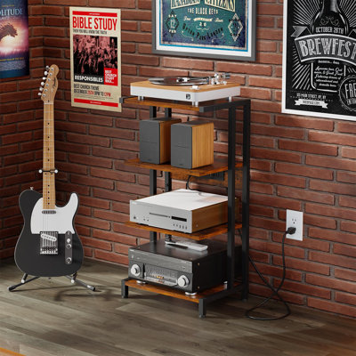 4-Tier AV Media Stand With Power Strips,Narrow Version Wooden Corner Shelf Stereo Cabinet Audio Rack Stand Tower For Small DVD Players Game Console TV by 17 Stories