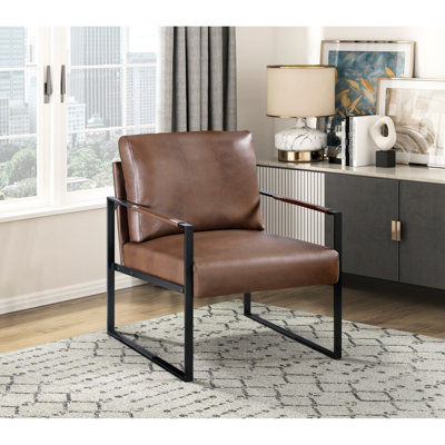 Élégante chaise de chambre en similicuir brun et métal de style contemporain noir, pour une utilisation