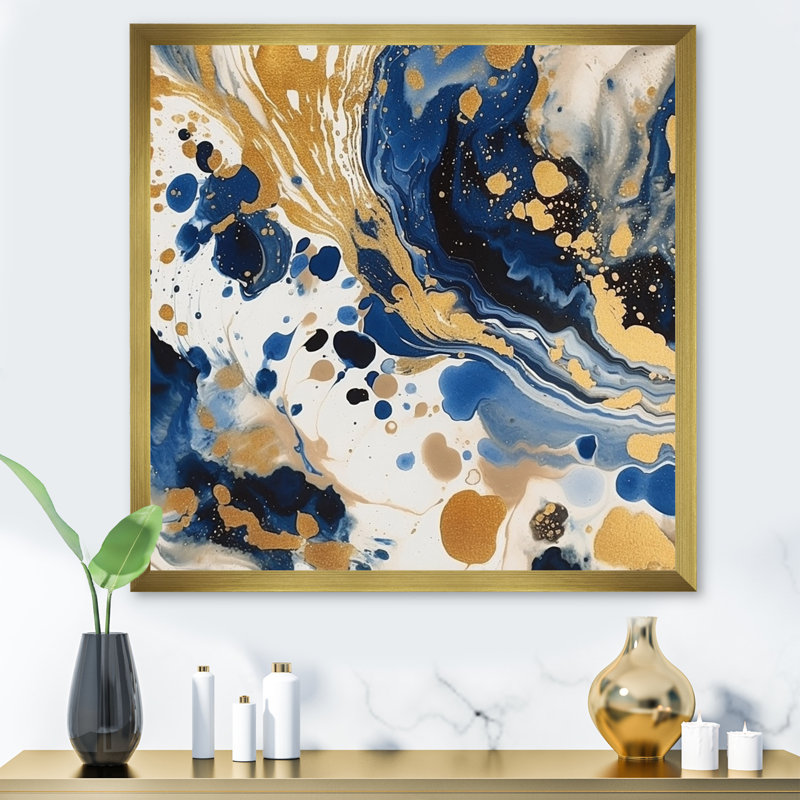 Motif abstrait avec motif en X bleu et doré, H 16 po x l 16 po x P 1 po, Cadre doré à une seule photo
