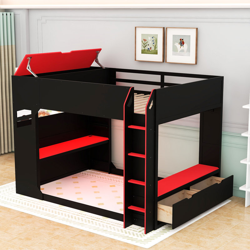 Lit mezzanine avec bureau à hauteur réglable, lumières RVB, tiroirs et tringle, Rouge