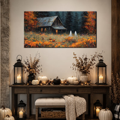 Automne, art mural d'Halloween, images fantômes, peinture murale, images d'Halloween, toile d'art d'Halloween, art mural fantôme, scène d'automne chaleureux, style chalet rustique, entrée de salon 20 po x 40 po